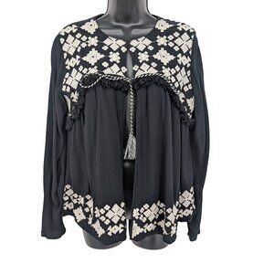 Mossimo Peasant Top Women Size M Crinkle Gauze Embroidered Boho Tassels Festival